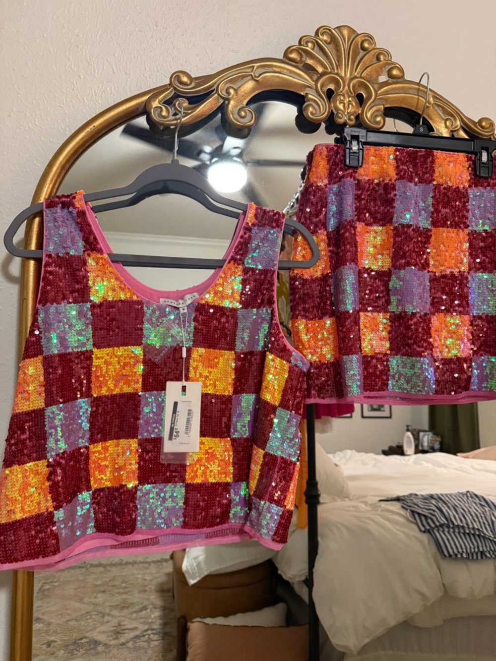 Pink, Orange, Yellow Sequin Checkered Top with matching skirt